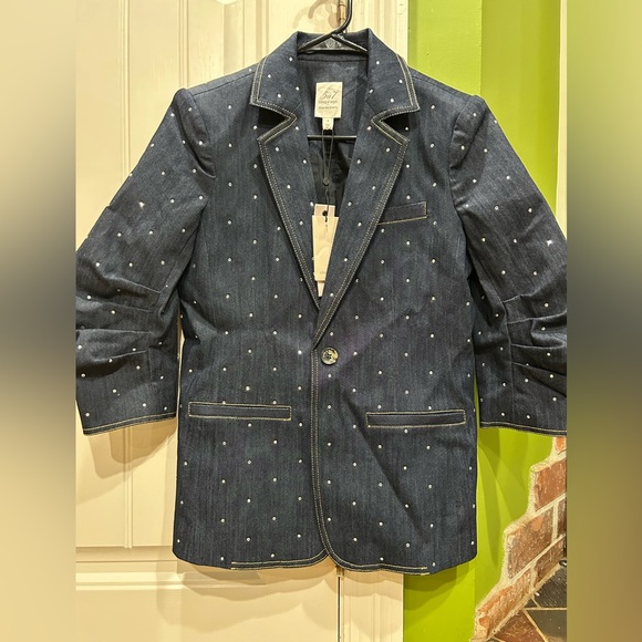 New Cinq A Sept Khloe Rhinestone Ruched Sleeve Blazer In Indigo size 4 - Picture 5 of 8